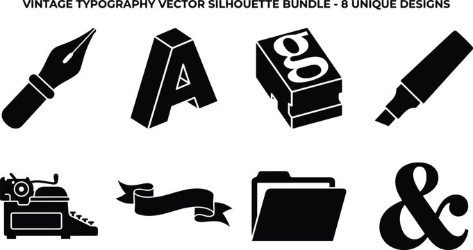 Vintage typography and traditional writing tool black vector silhouette icon set for graphic design