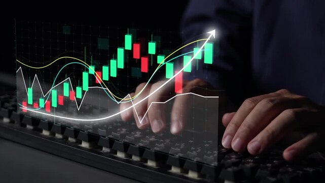 A focused individual uses a keyboard to analyze dynamic stock market data with vibrant charts, symbolizing financial growth and strategic investment opportunities. Copula