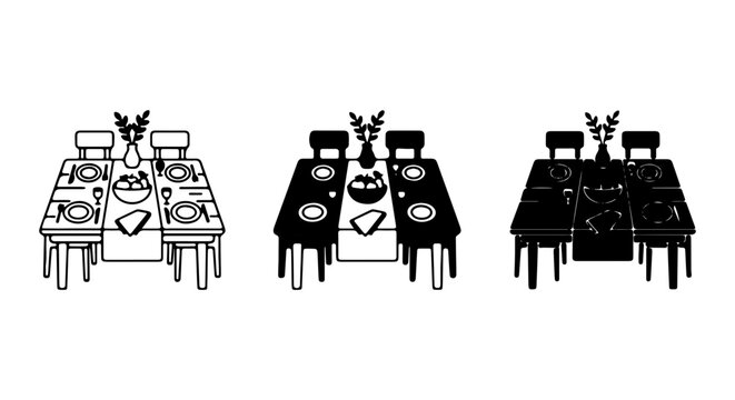 Dining Table Setting Icons, Dinner Place Setting Vector Graphics, Meal Arrangement Illustrations