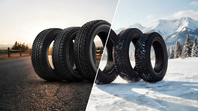 Automotive tires for summer and winter road conditions in a split view scene