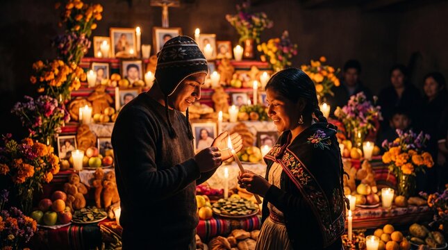 Andean couple lighting candle at a traditional Todos Santos altar in Bolivia