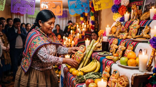 Bolivian woman placing Tanta Wawa bread on a traditional Todos Santos altar