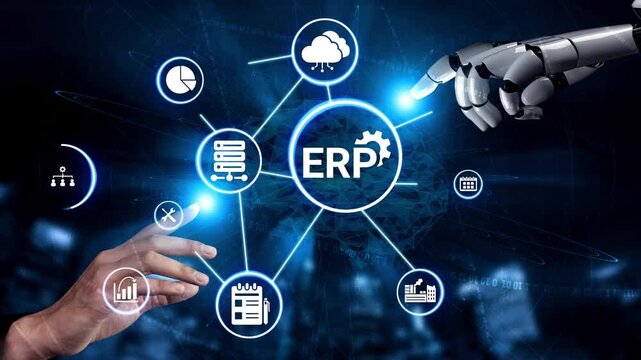 ERP icons show management, integration, and business process. ERP supports data management, ERP efficiency, and ERP organizational solutions. Funnel