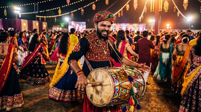 Indian dhol drummer performing at traditional Navratri Garba dance festival
