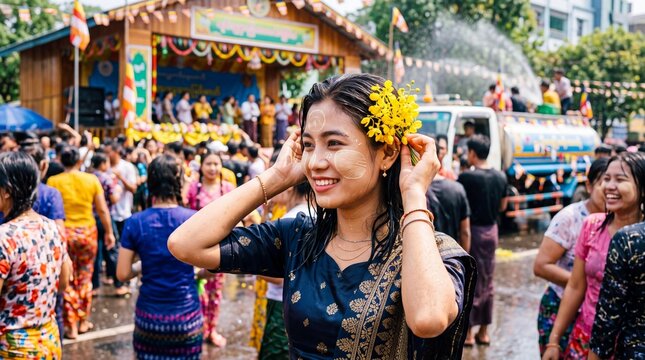 Smiling Burmese woman with thanaka celebrating Thingyan Festival in Myanmar