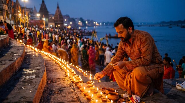 Indian man lighting clay diyas on Ganges river ghat steps during Dev Deepawali