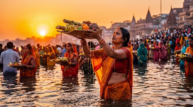 Devotee performing Chhath Puja rituals in holy river Ganges at sunrise