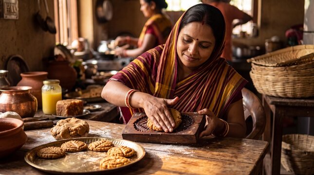 Indian woman preparing traditional Thekua prasad for Chhath Puja festival