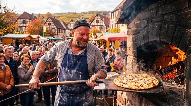 Baker serving fresh tarte flambee at an autumn harvest festival in Alsace