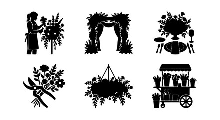 Obraz premium Floral Design Icons: Florist, Wedding Arch, Table Setting, Bouquet, Hanging Planter, Flower Cart