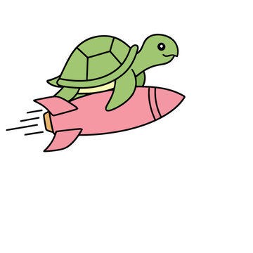 Cartoon turtle riding a pink rocket