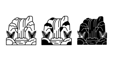 Fototapeta premium Waterfall Icons Set, Nature Landscape Elements, Outdoor Scenic Views, Vector Graphics