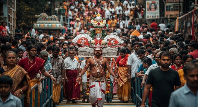 Crowded cultural procession carrying ornate temple palanquin through bustling street festival