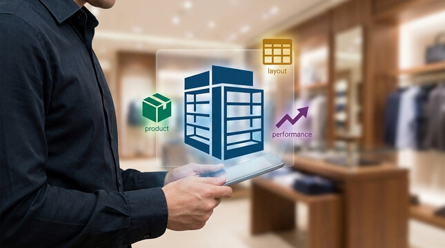 Retail Manager Using Digital Tablet to Optimize Store Layout Product Inventory and Business Performance in a Modern Clothing Boutique Environment