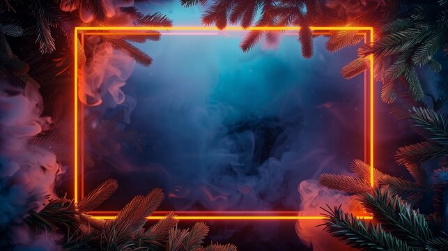 Neon Tropical Frame with Smoky Blue and Red Haze Surrounded by Dark Jungle Foliage
