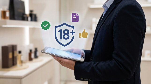 Secure age verification concept with businessman using tablet displaying 18 plus shield icon and holographic user profile security features online.