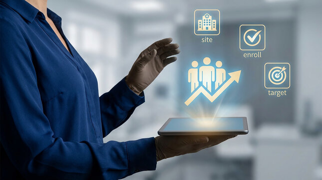 Clinical Trial Management and Patient Enrollment Concept with Professional Holding Tablet Showing Growth Metrics and Digital Healthcare Icons