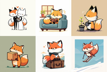 Fototapeta premium Cute fox illustration fox character animal illustration cartoon fox fluffy fox orange fox sitting fox reading fox