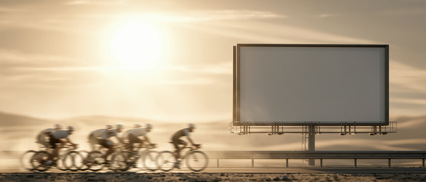 Cyclist racing past blank billboard at sunset, motion blur, desert road, advertising space