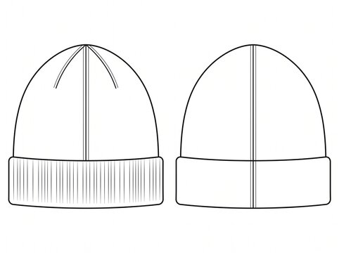 Ribbed Knit Winter Beanie Hat Vector Flat Technical Drawing Template Front and Back