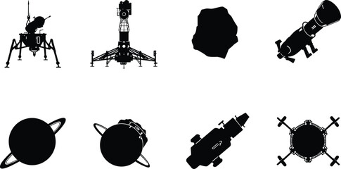 Space Exploration and Astronomy Silhouette Icon Set with Telescope, Planet, Asteroid, Lunar Lander, Satellite, and Spacecraft © Mim