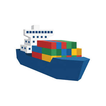 A stylized 3D illustration of a blue cargo ship carrying colorful shipping containers across the ocean, representing global trade and logistics.