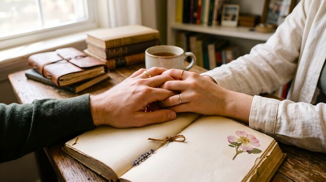 Couple Holding Hands over an Old Book for a Romantic Quiet Moment