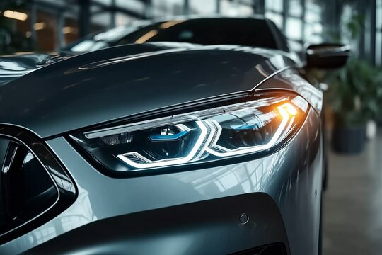 Close-up of a sleek luxury car headlight glowing in a modern showroom with reflective bodywork