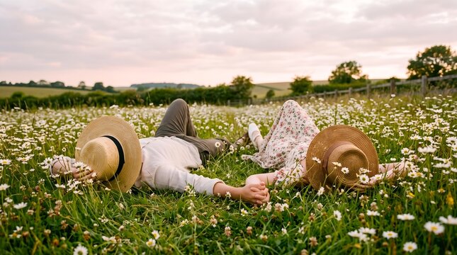 Couple Lying in a Daisy Meadow Wearing Straw Hats Holding Hands