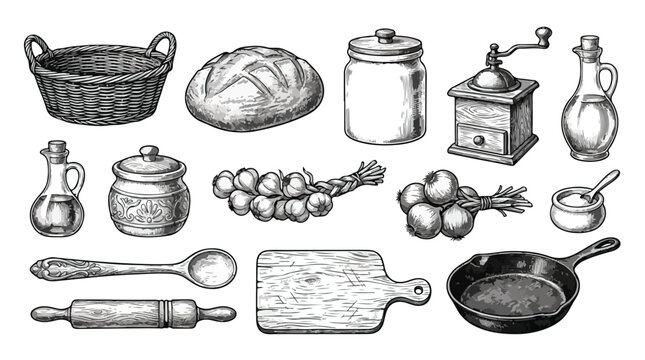 Vintage kitchen utensils and rustic food set, hand drawn sketch of cooking tools and ingredients, 14 vector elements for restaurant menu design