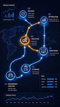 Process map operational flow blue infographic