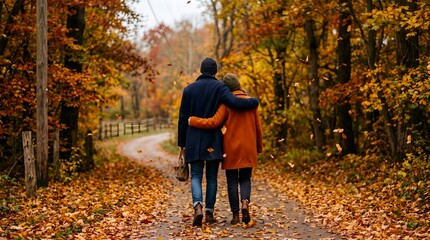 Fototapeta premium Couple Walking Down a Scenic Autumn Path in Cozy Fall Clothing