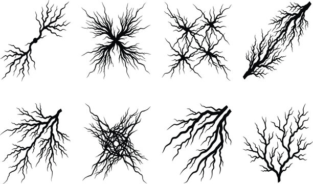 Abstract lightning bolts and creeping plant root vector silhouettes set for dark fantasy graphic design