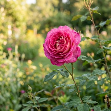 Single deep pink rose flower blooming in a sunny garden with botanical, sunlight