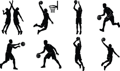 Basketball Silhouettes of Players Dunking, Shooting, and Dribbling © Monteza