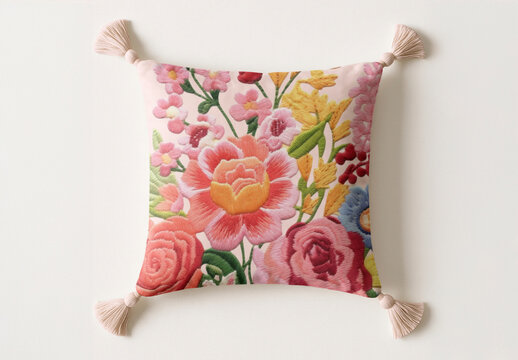 Floral Embroidered Decorative Cushion Mockup PSD
