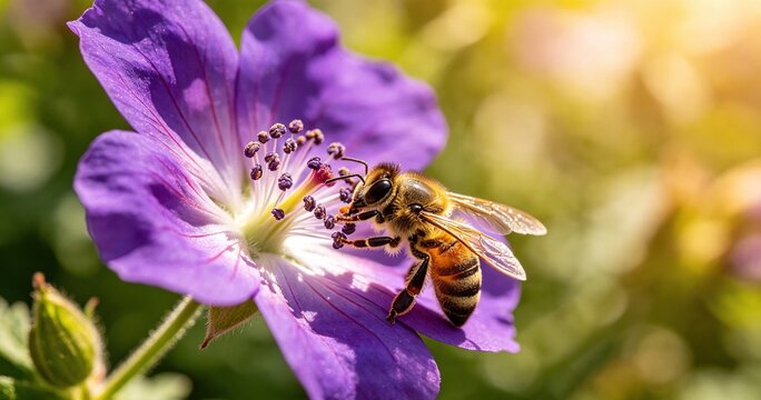 Bee collecting nectar purple flower macro closeup
