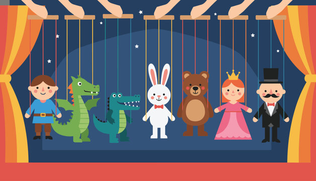 Various colorful marionette puppets including a dragon, rabbit, and princess perform on a stage with curtains and stars.