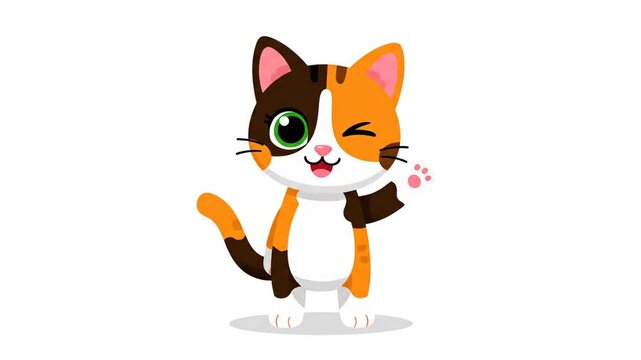 Cute Calico Cat Waving Hello, Animation, Cartoon Style, White Background