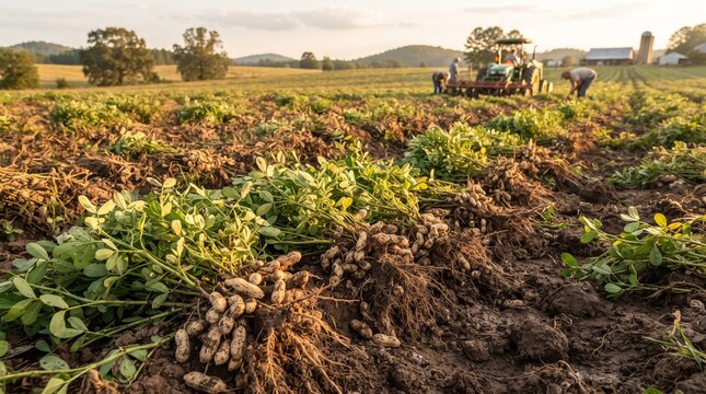 Freshly Harvested Peanut Plants with Soil Covered Roots