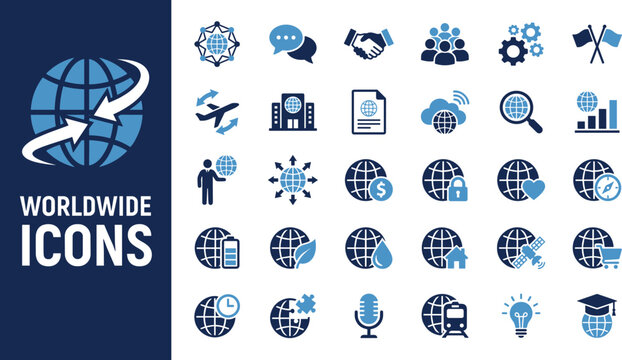 Global business and worldwide communications flat icon set with globe network logistics internet technology transport and international connection vector.