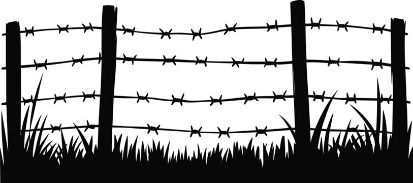 Barbed wire fence silhouette, rural security barrier isolated vector illustration for agriculture boundary