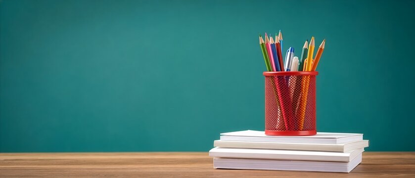 Colorful pencils and pens in a red holder on a stack of books against a teal background, symbolizing education and creativity.