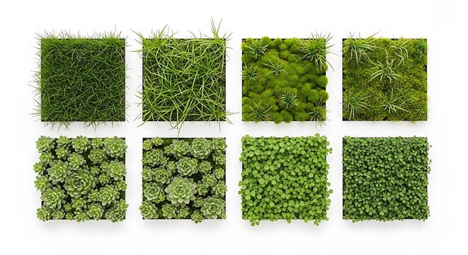 Set of eight green grass and moss square texture patterns