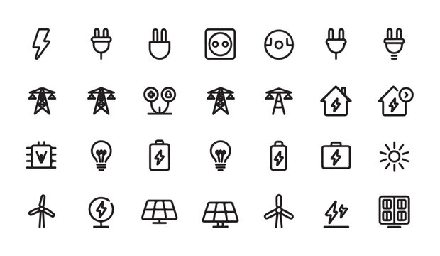 Collection of electrical power icons including lightning plugs batteries bulbs and energy transmission lines.
