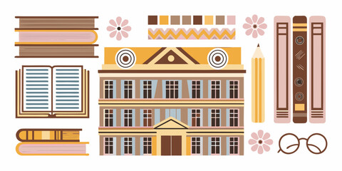 Obraz premium Bookish Elements And Library Facade Vector Illustration With Floral Ornaments