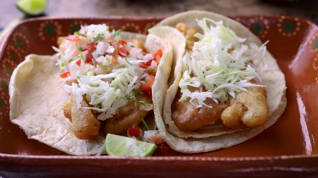 Chef garnishing baja style fish tacos with fresh pico de gallo salsa for dinner
