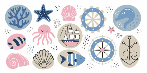 Nautical Illustration Featuring Seashells Starfish And Sailing Ship © Nijhymkanti