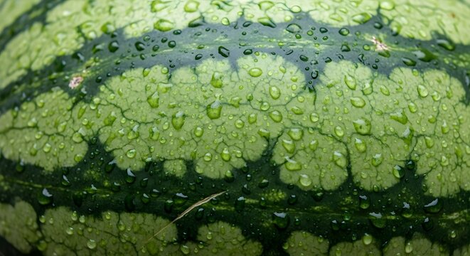 Close-up of fresh green watermelon skin with glistening water droplets.
