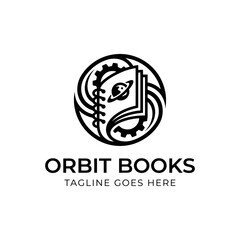 Creative emblem combining an open book with planetary rings, ideal for academic and publishing themes. © Coornel Design